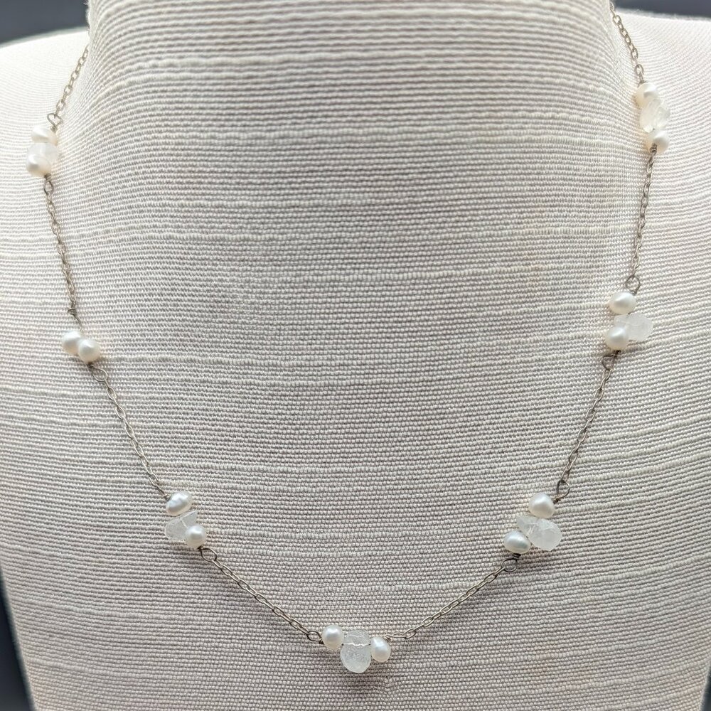 Sterling Silver Chain Necklace - Keshi Pearls and Raw Topaz - Vintage